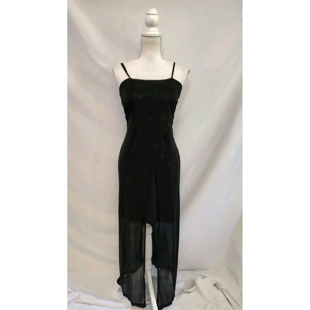 Vintage 90s Dress Next Up Sexy Black Slip  Dress Glitter Overlay Wrap Skirt Sz M